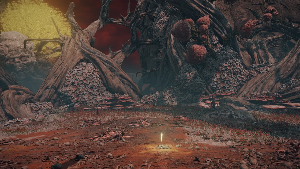 The Heart of Aeonia in Caelid, giant writhing roots around the remains of the Scarlet Aeonia bloom