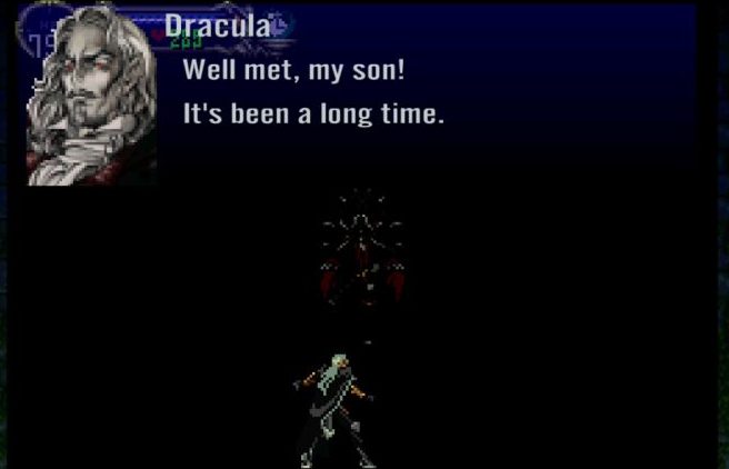 Dracula greets Alucard at the center of the inverted castle: Well met, my son, in Castlevania: Symphony of the Night