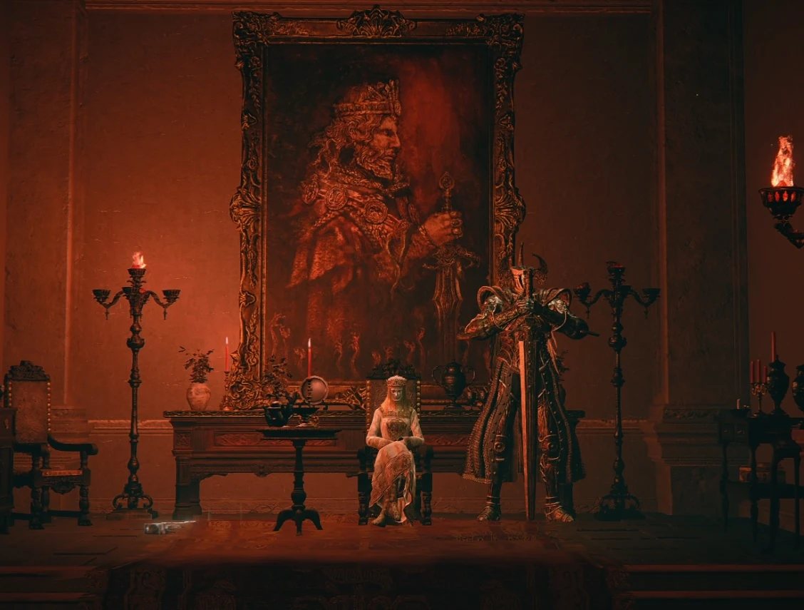 Tanith ngồi trong đại sảnh Volcano Manor bên cạnh hiệp sĩ Crucible Knight, phía sau là tranh chân dung Rykard