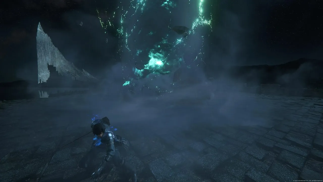 Benedikta Harman wielding Garuda's whirlwind in her battle with Clive at Caer Norvent