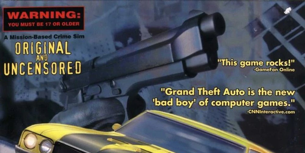 Phần trên của vỏ hộp GTA 1997 với dòng chữ Original and Uncensored