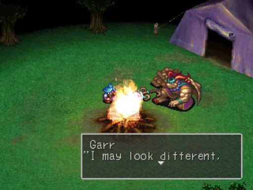 A night camp in Urkan Tapa — Garr sits by the fire, telling Ryu about his past