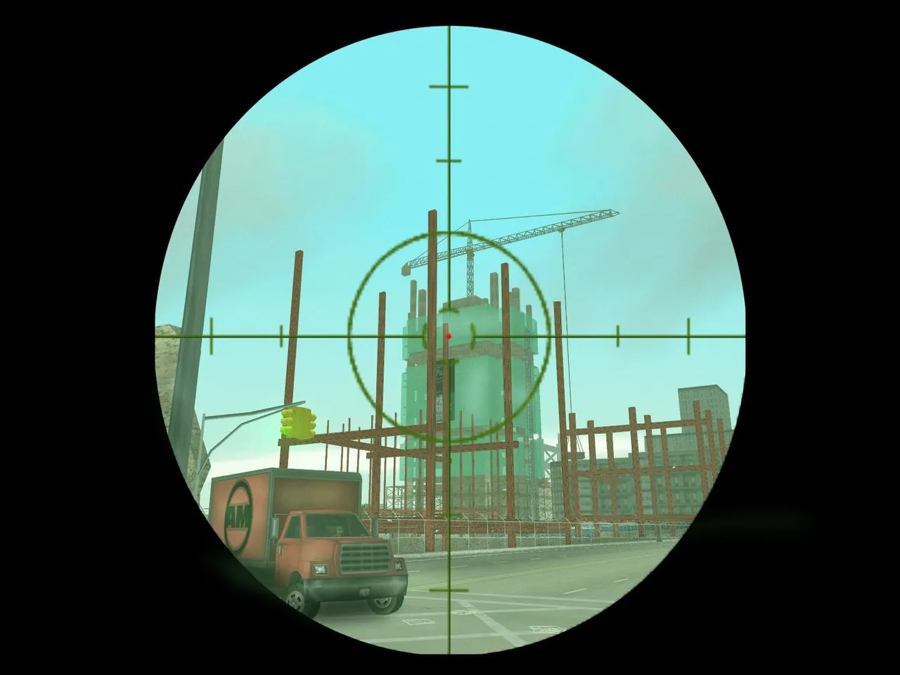 The Fort Staunton construction site through a scope in GTA III